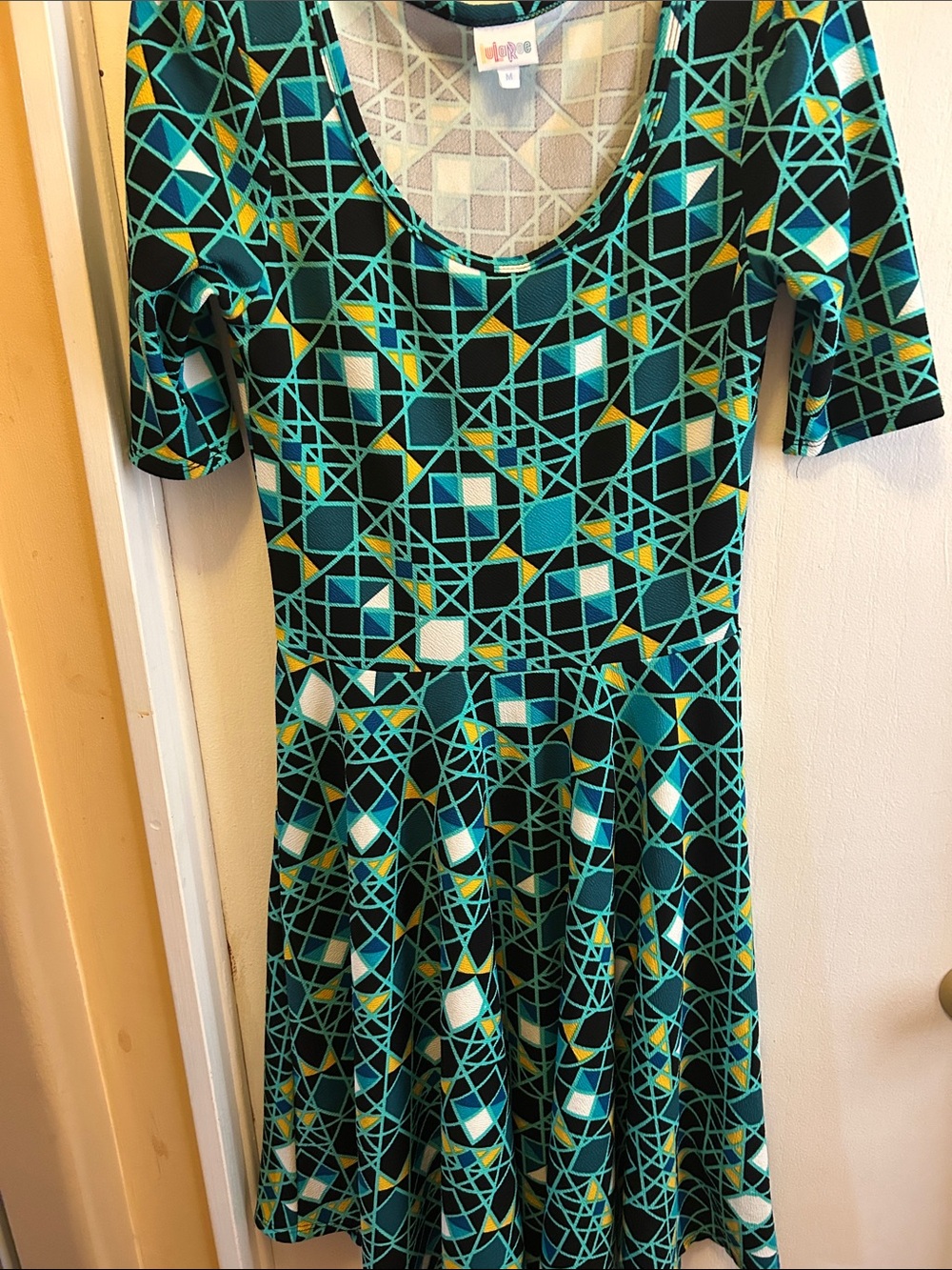 LuLaRoe Geometric Scoop-Neck Midi Dress in Teal, Black & Yellow
